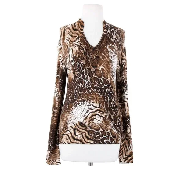 Alberto Makali Sz M Brown White Beaded V Neck Animal Print Viscose Spandex Top - Picture 1 of 16